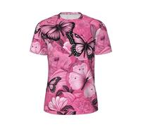 WOmeng Camiseta de manga corta para hombre, diseño de mariposas rosas, sin costuras, para correr, rutinas de fitness, actividades de verano, Negro, 3XL