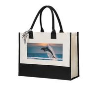 Womeng Divertida bolsa de lona con estampado de delfines de animales, ecológica, gran capacidad, viajes diarios de compras, escapadas de fin de semana