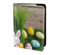 WOmeng Funda tipo cartera para pasaporte con diseño de huevo de Pascua, conejo, hierba, para hombre y mujer, ligera, elegante, Black, Talla única