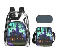 WOmeng Juego de mochila transparente de 3 piezas con estampado de mansión embrujada negra para viajes al aire libre, almuerzo, estuche transparente