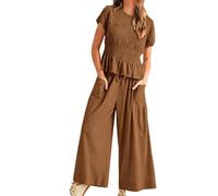 Women's 2 Piece Boho Lounge Sets Smocked Peplum Top Wide Leg Pants Matching Outfits with Pockets Casual Summer Vacation (Brown,S)