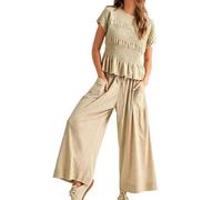 Women's 2 Piece Boho Lounge Sets Smocked Peplum Top Wide Leg Pants Matching Outfits with Pockets Casual Summer Vacation (Apricot,XXL)