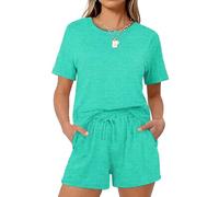 Women's 2 Piece Lounge Set Casual Short Sleeve T Shirt and Shorts Outfit Solid Color Relaxed Fit Summer Pajamas Sleepwear Loungewear for Women