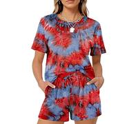 Women's 2 Piece Lounge Set Casual Short Sleeve T Shirt and Shorts Outfit Solid Color Relaxed Fit Summer Pajamas Sleepwear Loungewear for Women