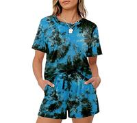 Women's 2 Piece Lounge Set Casual Short Sleeve T Shirt and Shorts Outfit Solid Color Relaxed Fit Summer Pajamas Sleepwear Loungewear for Women
