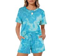 Women's 2 Piece Lounge Set Casual Short Sleeve T Shirt and Shorts Outfit Solid Color Relaxed Fit Summer Pajamas Sleepwear Loungewear for Women