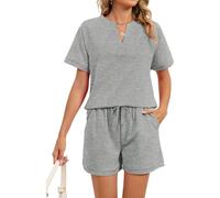 Women's 2 Piece Lounge Set Short Sleeve V Neck T Shirt and Drawstring Shorts Casual Summer Pajama Sets Solid Color Sleepwear Outfit for Women Girls