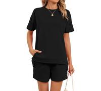 Women's 2 Piece Lounge Sets Summer Short Sleeve Crewneck T Shirt Side Split Top with Drawstring Pocket Shorts Casual Vacation Outfit White