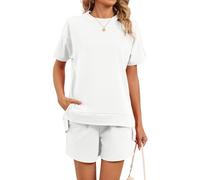 Women's 2 Piece Lounge Sets Summer Short Sleeve Crewneck T Shirt Side Split Top with Drawstring Pocket Shorts Casual Vacation Outfit White