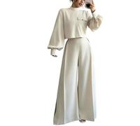 Women's 2 Piece Outfit Mock Neck Crop Top High Waist Wide Leg Pants (Beige,M)