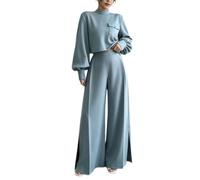 Women's 2 Piece Outfit Mock Neck Crop Top High Waist Wide Leg Pants (blue,XL)