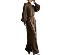 Women's 2 Piece Outfit Mock Neck Crop Top High Waist Wide Leg Pants (brown,XL)
