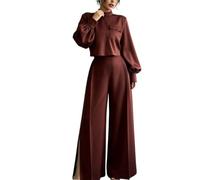 Women's 2 Piece Outfit Mock Neck Crop Top High Waist Wide Leg Pants (burgundy,XXL)