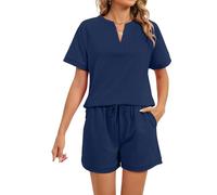 Women's 2 Piece Outfit Short Sleeve V Neck Top and Shorts Set Summer Casual Loungewear Solid Color Waffle Knit Lounge Set with Pockets for Travel