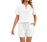 Women's 2 Piece Outfit Short Sleeve V Neck Top and Shorts Set Summer Casual Loungewear Solid Color Waffle Knit Lounge Set with Pockets for Travel