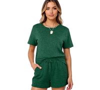 Women's 2 Piece Outfits Short Sleeve T Shirt and Shorts Set Casual Loungewear Elastic Waist Drawstring Solid Color Summer Vacation Home Wear Black