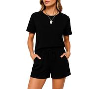 Women's 2 Piece Outfits Short Sleeve T Shirt and Shorts Set Casual Loungewear Elastic Waist Drawstring Solid Color Summer Vacation Home Wear Black