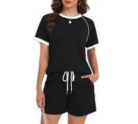 Women's 2 Piece Outfits Summer Casual Short Sleeve T Shirt and Shorts Set Navy Blue Contrast Piping Lounge Wear Athletic Tracksuit