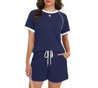 Women's 2 Piece Outfits Summer Casual Short Sleeve T Shirt and Shorts Set Navy Blue Contrast Piping Lounge Wear Athletic Tracksuit