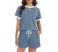 Women's 2 Piece Outfits Summer Casual Short Sleeve T Shirt and Shorts Set Navy Blue Contrast Piping Lounge Wear Athletic Tracksuit