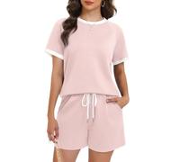 Women's 2 Piece Outfits Summer Casual Short Sleeve T Shirt and Shorts Set Navy Blue Contrast Piping Lounge Wear Athletic Tracksuit