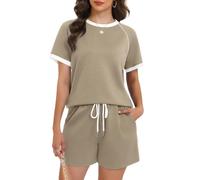 Women's 2 Piece Outfits Summer Casual Short Sleeve T Shirt and Shorts Set Navy Blue Contrast Piping Lounge Wear Athletic Tracksuit