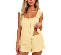 Women's 2 Piece Pajama Sets Sleeveless Ruffle Cami Top and Shorts Lounge Set Square Neck Sleepwear Soft Summer Loungewear Outfits for Home
