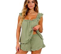 Women's 2 Piece Pajama Sets Sleeveless Ruffle Cami Top and Shorts Lounge Set Square Neck Sleepwear Soft Summer Loungewear Outfits for Home