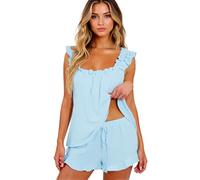 Women's 2 Piece Pajama Sets Sleeveless Ruffle Cami Top and Shorts Lounge Set Square Neck Sleepwear Soft Summer Loungewear Outfits for Home