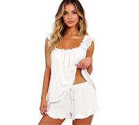 Women's 2 Piece Pajama Sets Sleeveless Ruffle Cami Top and Shorts Lounge Set Square Neck Sleepwear Soft Summer Loungewear Outfits for Home