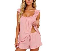 Women's 2 Piece Pajama Sets Sleeveless Ruffle Cami Top and Shorts Lounge Set Square Neck Sleepwear Soft Summer Loungewear Outfits for Home