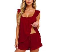 Women's 2 Piece Pajama Sets Sleeveless Ruffle Cami Top and Shorts Lounge Set Square Neck Sleepwear Soft Summer Loungewear Outfits for Home