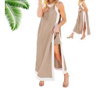 Women's 2 Piece Sets Casual Boho Color Block Sleeveless Side Split Long Dresses Maxi Dress Matching Shorts (Khaki,XL)