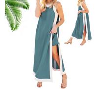 Women's 2 Piece Sets Casual Boho Color Block Sleeveless Side Split Long Dresses Maxi Dress Matching Shorts (Blue,M)