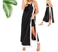 Women's 2 Piece Sets Casual Boho Color Block Sleeveless Side Split Long Dresses Maxi Dress Matching Shorts (Black,L)