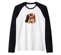 Womens 2 Puppies Two Tricolor Cavalier King Charles Spaniel Camiseta Manga Raglan