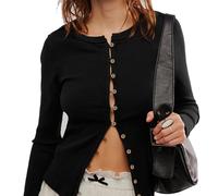 Womens 2025 Fall Cardigan Sweaters Lightweight Long Sleeve Button up Ribbed Knit Tops Winter Fashion Clothes(Black,S)