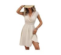 Women's 2026 Summer Dress V Neck Short Sleeve Hollow out Lace A Line Flowy Sundress with Embroidery Casual Beach Vacation Resort Wear(S)