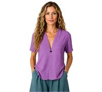 Women's 2026 Summer Linen V Neck Short Sleeve Top with Button Detail, Plus Size Boho Style Blouse for Hawaiian Vacation and Casual Wear
