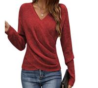 Womens 2026 V Neck Sweater Criss Cross Pullover,Elegant Women's Casual Knit Sweater, Korean Style Holiday Fashion Top,Long Sleeve Warm Pullover for Spring & Fall (Red,M)