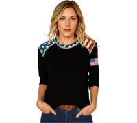 Women's 3/4 Sleeve American Flag Print Linen Top with Stars and Stripes Design for Casual and Dressy Occasions