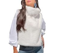 Women's Autumn Mink Vest Solid Color Turtleneck Sleeveless Pullover Lady Coat Slouchy-Style Chic Outwear For Female(White,L)