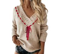 Women's Autumn Sweater 2025 Casual Long Sleeve Tops Chunky V Neck Pullover Loose Stretchy Sweaters with Bow Prints