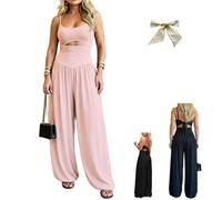 Women's Backless Cut-Out Cami Jumpsuit,Sleeveless Cutout Wide LegJumpsuit,Summer Sexy U-Neck Tie-Back High Waist Romper (Pink, 3XL)
