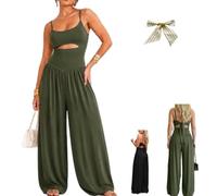 Women's Backless Cut-Out Cami Jumpsuit,Sleeveless Cutout Wide LegJumpsuit,Summer Sexy U-Neck Tie-Back High Waist Romper (Green, L)
