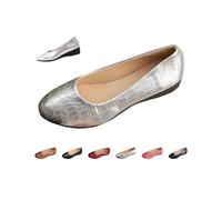 Women's Ballet Flats Shoes, Low Wedge Leather Slip-On Loafers, Solid Color Round Toe Dressy Casual Comfortable Cushioned Business Office Work Driving Walking Shoes (Silver,35)