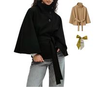 Womens Batwing Sleeve Poncho Peacoat,Oversized Wool Blend Poncho Cape with Belt,Elegant Stand Collar Winter Cropped Overcoat (FR/ES, Letras, S, Regular, Regular, Black)