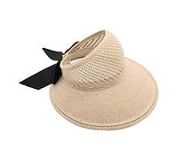 Womens Beach Straw Sun Hats Ladies Ponytail Hole Wide Brim Summer Visor Foldable Hat Sun Protection Packable for Holiday Travel Pool