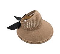 Womens Beach Straw Sun Hats Ladies Ponytail Hole Wide Brim Summer Visor Foldable Hat Sun Protection Packable for Holiday Travel Pool