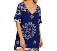 Women's Black Paisley Print Chiffon Beach Cover Up with Pom Pom Trim Loose Fit V Neck Summer Tunic Swimwear Kaftan Dress for Vacation Pool Party